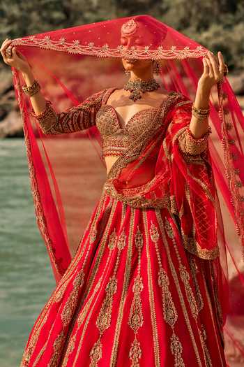 Buy Nitika Gujral Red Silk, Net Sweetheart Neck Regal Scarlet Bridal Lehenga Set Online at Aza Fashions Buy_Nitika Gujral_Red Silk, Net Sweetheart Neck Regal Scarlet Bridal Lehenga Set _Online_at_Aza_Fashions