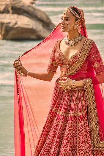 Buy Nitika Gujral Red Silk, Net, Velvet Sweetheart Neck Regalia Jaali Bridal Lehenga Set Online at Aza Fashions Buy_Nitika Gujral_Red Silk, Net, Velvet Sweetheart Neck Regalia Jaali Bridal Lehenga Set _Online_at_Aza_Fashions