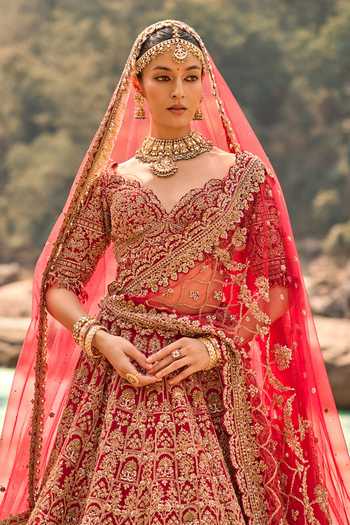 Buy Nitika Gujral Red Silk, Net Sweetheart Neck Flame Heritage Bridal Lehenga Set Online at Aza Fashions Buy_Nitika Gujral_Red Silk, Net Sweetheart Neck Flame Heritage Bridal Lehenga Set _Online_at_Aza_Fashions