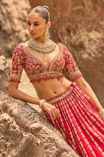 Nitika Gujral Red Silk, Net Sweetheart Neck Antique Zardozi Work Bridal Lehenga Set Online at Aza Fashions Nitika Gujral_Red Silk, Net Sweetheart Neck Antique Zardozi Work Bridal Lehenga Set _Online_at_Aza_Fashions