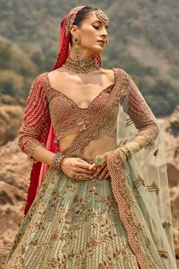 Shop Nitika Gujral Green Silk, Net Sweetheart Neck Misty Sage Lehenga Set Online at Aza Fashions Shop_Nitika Gujral_Green Silk, Net Sweetheart Neck Misty Sage Lehenga Set _Online_at_Aza_Fashions