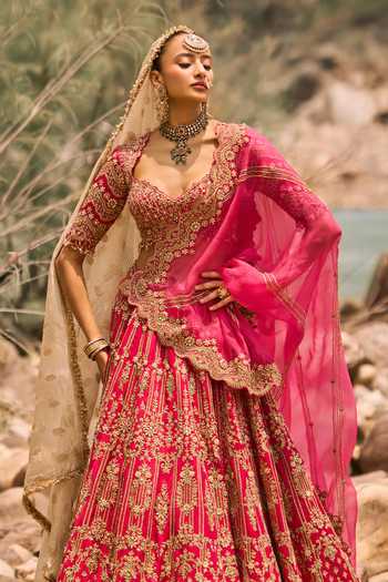 Buy Nitika Gujral Fuchsia Silk, Net Sweetheart Neck Fuschia Bloom Bridal Lehenga Set Online at Aza Fashions Buy_Nitika Gujral_Fuchsia Silk, Net Sweetheart Neck Fuschia Bloom Bridal Lehenga Set _Online_at_Aza_Fashions
