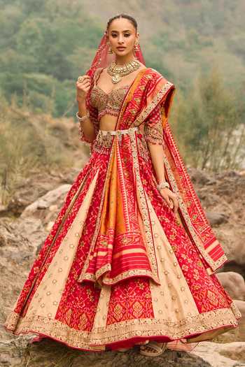 Buy Nitika Gujral Gold Silk, Tissue Sweetheart Neck Patola Legacy Lehenga Set at Aza Fashions Buy_Nitika Gujral_Gold Silk, Tissue Sweetheart Neck Patola Legacy Lehenga Set _at_Aza_Fashions