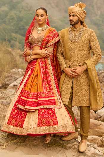 Nitika Gujral Gold Silk, Tissue Sweetheart Neck Patola Legacy Lehenga Set at Aza Fashions Nitika Gujral_Gold Silk, Tissue Sweetheart Neck Patola Legacy Lehenga Set _at_Aza_Fashions