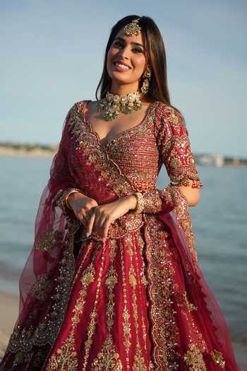 Nitika Gujral_Red Silk, Net Sweetheart Neck Crimson Heritage Bridal Lehenga Set _Online_at_Aza_Fashions