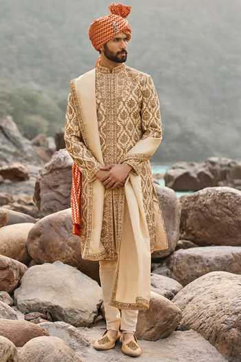 Buy Nitika Gujral Beige Silk, Cotton Zardozi Work Sherwani Set at Aza Fashions Buy_Nitika Gujral_Beige Silk, Cotton Zardozi Work Sherwani Set _at_Aza_Fashions