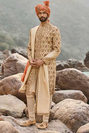 Nitika Gujral Beige Silk, Cotton Zardozi Work Sherwani Set Online at Aza Fashions Nitika Gujral_Beige Silk, Cotton Zardozi Work Sherwani Set _Online_at_Aza_Fashions