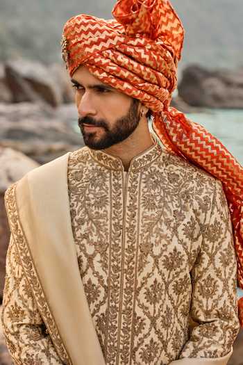 Buy Nitika Gujral Beige Silk, Cotton Zardozi Work Sherwani Set Online at Aza Fashions Buy_Nitika Gujral_Beige Silk, Cotton Zardozi Work Sherwani Set _Online_at_Aza_Fashions