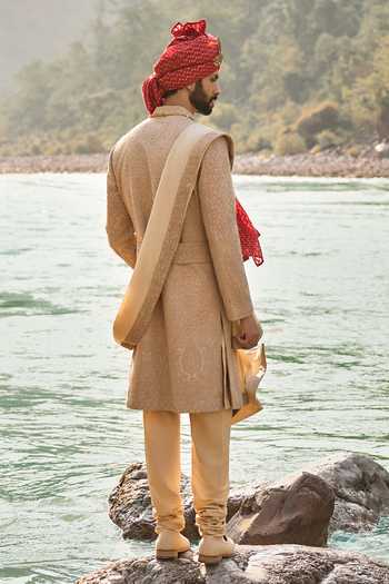 Shop Nitika Gujral Beige Silk, Cotton Mocha Heritage Sherwani Set at Aza Fashions Shop_Nitika Gujral_Beige Silk, Cotton Mocha Heritage Sherwani Set _at_Aza_Fashions