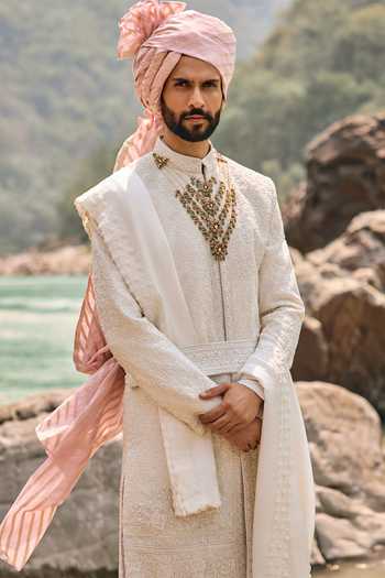 Nitika Gujral_Ivory Silk, Cotton Resham Work Sherwani Set _Online_at_Aza_Fashions
