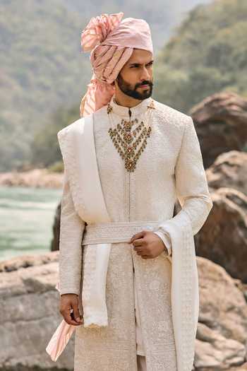 Buy_Nitika Gujral_Ivory Silk, Cotton Resham Work Sherwani Set _Online_at_Aza_Fashions