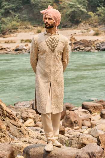 Buy Nitika Gujral Ivory Silk, Cotton Geometric Pattern Sherwani Set at Aza Fashions Buy_Nitika Gujral_Ivory Silk, Cotton Geometric Pattern Sherwani Set _at_Aza_Fashions