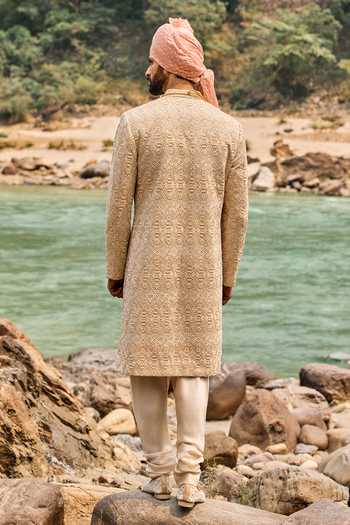 Shop Nitika Gujral Ivory Silk, Cotton Geometric Pattern Sherwani Set at Aza Fashions Shop_Nitika Gujral_Ivory Silk, Cotton Geometric Pattern Sherwani Set _at_Aza_Fashions