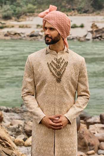 Buy Nitika Gujral Ivory Silk, Cotton Geometric Pattern Sherwani Set Online at Aza Fashions Buy_Nitika Gujral_Ivory Silk, Cotton Geometric Pattern Sherwani Set _Online_at_Aza_Fashions