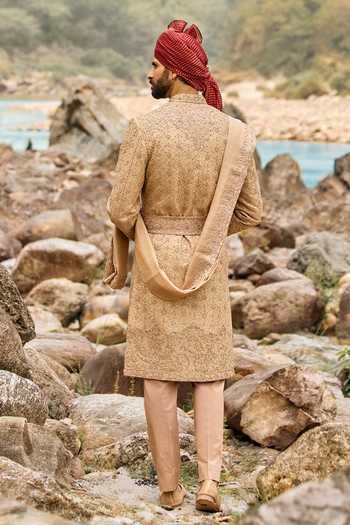 Shop Nitika Gujral Beige Silk, Cotton, Lycra Imperial Bronze Sherwani Set at Aza Fashions Shop_Nitika Gujral_Beige Silk, Cotton, Lycra Imperial Bronze Sherwani Set _at_Aza_Fashions