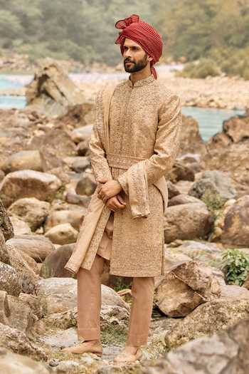 Nitika Gujral Beige Silk, Cotton, Lycra Imperial Bronze Sherwani Set Online at Aza Fashions Nitika Gujral_Beige Silk, Cotton, Lycra Imperial Bronze Sherwani Set _Online_at_Aza_Fashions
