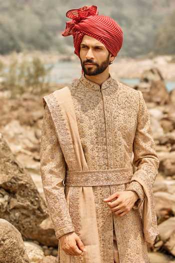 Buy Nitika Gujral Beige Silk, Cotton, Lycra Imperial Bronze Sherwani Set Online at Aza Fashions Buy_Nitika Gujral_Beige Silk, Cotton, Lycra Imperial Bronze Sherwani Set _Online_at_Aza_Fashions