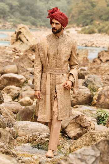 Buy Nitika Gujral Beige Silk, Cotton, Lycra Imperial Bronze Sherwani Set at Aza Fashions Buy_Nitika Gujral_Beige Silk, Cotton, Lycra Imperial Bronze Sherwani Set _at_Aza_Fashions