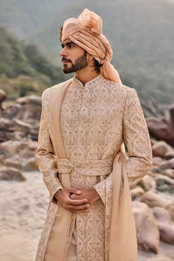Nitika Gujral_Beige Silk, Cotton Zardozi Work Sherwani Set _Online_at_Aza_Fashions