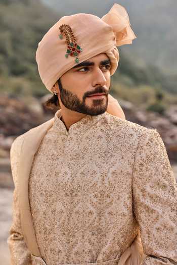 Buy_Nitika Gujral_Beige Silk, Cotton Zardozi Work Sherwani Set _Online_at_Aza_Fashions