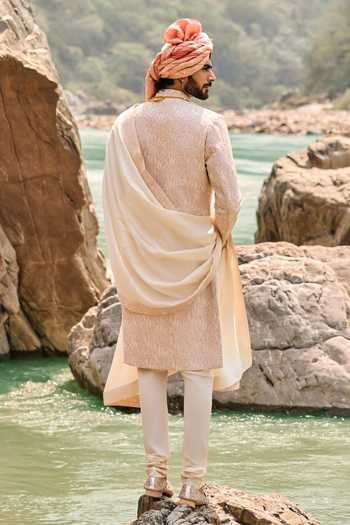 Shop Nitika Gujral Pink Silk, Cotton Blush Legacy Sherwani Set at Aza Fashions Shop_Nitika Gujral_Pink Silk, Cotton Blush Legacy Sherwani Set _at_Aza_Fashions