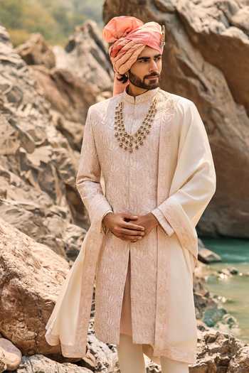Buy Nitika Gujral Pink Silk, Cotton Blush Legacy Sherwani Set Online at Aza Fashions Buy_Nitika Gujral_Pink Silk, Cotton Blush Legacy Sherwani Set _Online_at_Aza_Fashions