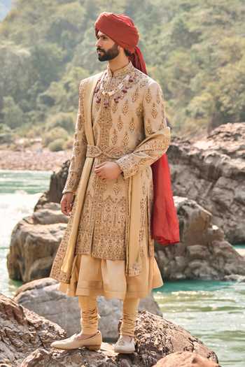 Nitika Gujral_Gold , Cotton, Chanderi Twill Matka Sherwani Set _Online_at_Aza_Fashions