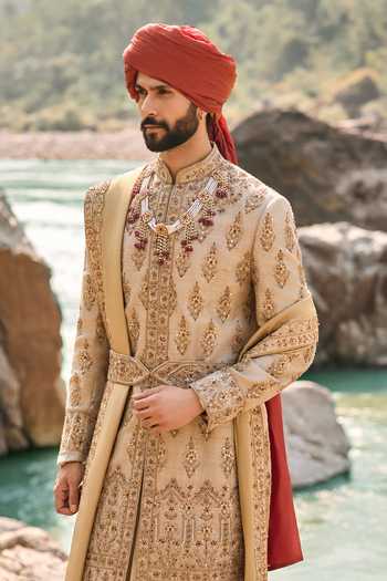 Buy_Nitika Gujral_Gold , Cotton, Chanderi Twill Matka Sherwani Set _Online_at_Aza_Fashions