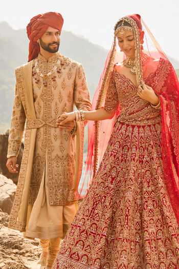 Shop_Nitika Gujral_Gold , Cotton, Chanderi Twill Matka Sherwani Set _Online_at_Aza_Fashions