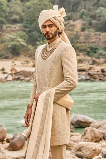 Nitika Gujral Beige Silk, Cotton Heritage Sherwani Set Online at Aza Fashions Nitika Gujral_Beige Silk, Cotton Heritage Sherwani Set _Online_at_Aza_Fashions