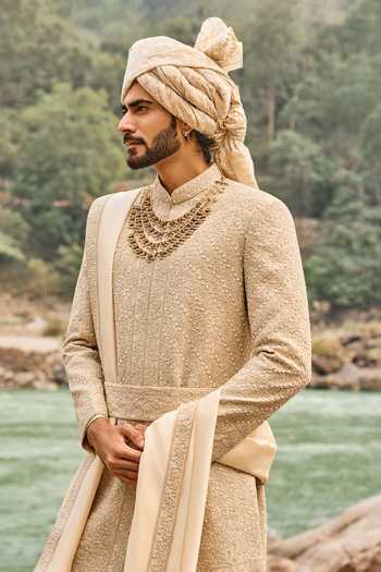 Buy Nitika Gujral Beige Silk, Cotton Heritage Sherwani Set Online at Aza Fashions Buy_Nitika Gujral_Beige Silk, Cotton Heritage Sherwani Set _Online_at_Aza_Fashions