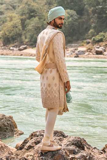 Shop Nitika Gujral Ivory Silk, Cotton Regalia Sherwani Set at Aza Fashions Shop_Nitika Gujral_Ivory Silk, Cotton Regalia Sherwani Set _at_Aza_Fashions