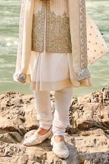 Nitika Gujral_Ivory Silk, Cotton Raw Sherwani Set _Online_at_Aza_Fashions