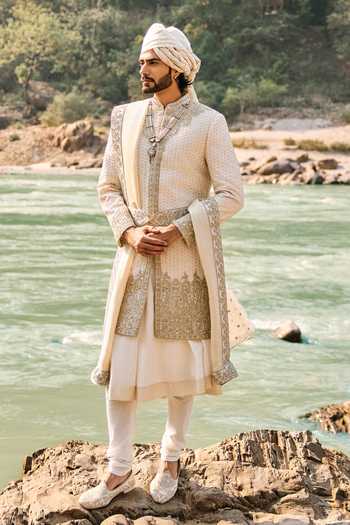 Nitika Gujral Ivory Raw Silk Sherwani Set