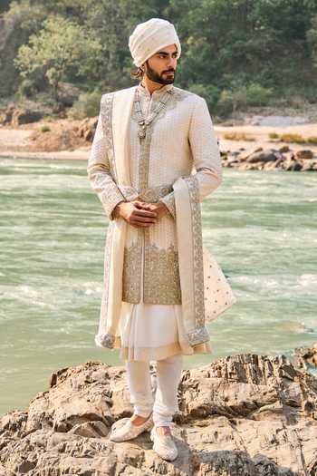 Buy_Nitika Gujral_Ivory Silk, Cotton Raw Sherwani Set _Online_at_Aza_Fashions