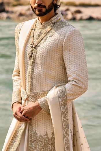 Shop_Nitika Gujral_Ivory Silk, Cotton Raw Sherwani Set _Online_at_Aza_Fashions
