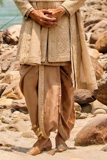 Nitika Gujral Beige , Chanderi Mocha Embroidered Sherwani Set Online at Aza Fashions Nitika Gujral_Beige , Chanderi Mocha Embroidered Sherwani Set _Online_at_Aza_Fashions