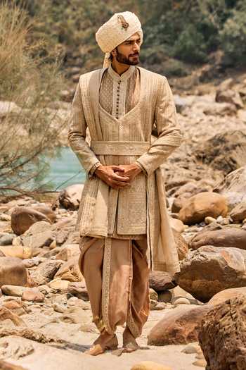 Buy Nitika Gujral Beige , Chanderi Mocha Embroidered Sherwani Set Online at Aza Fashions Buy_Nitika Gujral_Beige , Chanderi Mocha Embroidered Sherwani Set _Online_at_Aza_Fashions