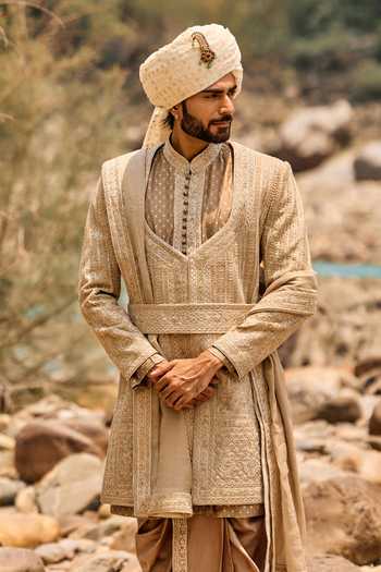 Shop Nitika Gujral Beige , Chanderi Mocha Embroidered Sherwani Set Online at Aza Fashions Shop_Nitika Gujral_Beige , Chanderi Mocha Embroidered Sherwani Set _Online_at_Aza_Fashions