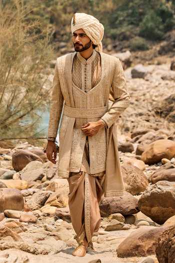 Nitika Gujral Mocha Embroidered Sherwani Set 