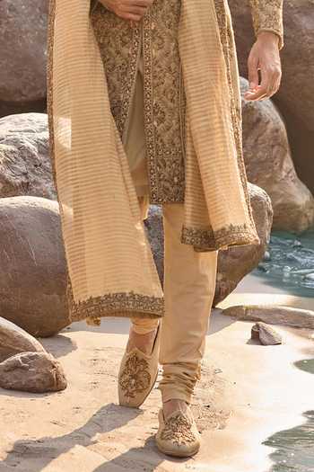 Nitika Gujral_Brown Silk, Cotton, Organza, Georgette, Chanderi, Olive Royale Sherwani Set _Online_at_Aza_Fashions