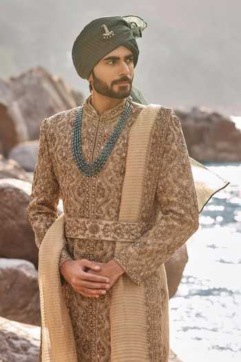 Buy_Nitika Gujral_Brown Silk, Cotton, Organza, Georgette, Chanderi, Olive Royale Sherwani Set _Online_at_Aza_Fashions
