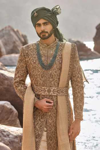 Shop_Nitika Gujral_Brown Silk, Cotton, Organza, Georgette, Chanderi, Olive Royale Sherwani Set _Online_at_Aza_Fashions