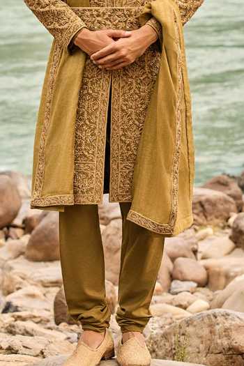 Nitika Gujral_Green Silk, Cotton Heritage Sherwani Set _Online_at_Aza_Fashions