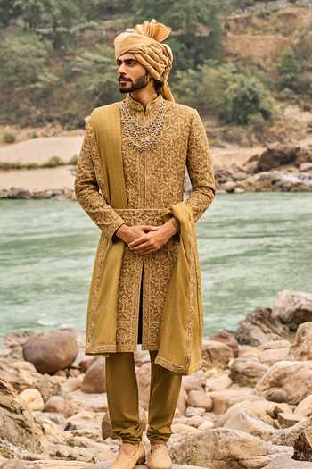 Buy Nitika Gujral Green Silk, Cotton Heritage Sherwani Set at Aza Fashions Buy_Nitika Gujral_Green Silk, Cotton Heritage Sherwani Set _at_Aza_Fashions