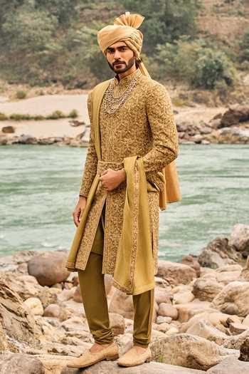 Buy_Nitika Gujral_Green Silk, Cotton Heritage Sherwani Set _Online_at_Aza_Fashions