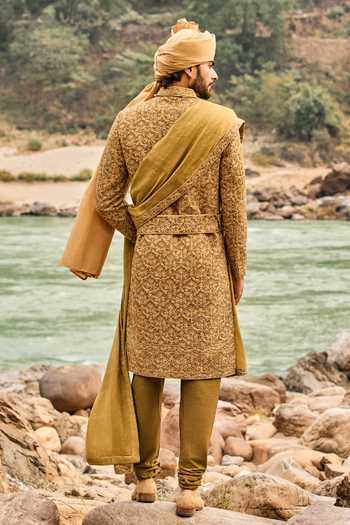 Shop Nitika Gujral Green Silk, Cotton Heritage Sherwani Set at Aza Fashions Shop_Nitika Gujral_Green Silk, Cotton Heritage Sherwani Set _at_Aza_Fashions