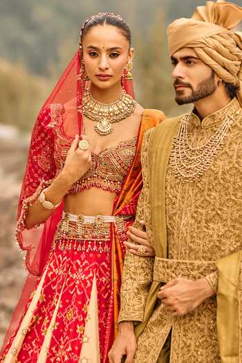Shop_Nitika Gujral_Green Silk, Cotton Heritage Sherwani Set _Online_at_Aza_Fashions