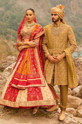 Nitika Gujral_Green Silk, Cotton Heritage Sherwani Set _at_Aza_Fashions