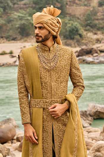 Buy_Nitika Gujral_Green Silk, Cotton Heritage Sherwani Set 